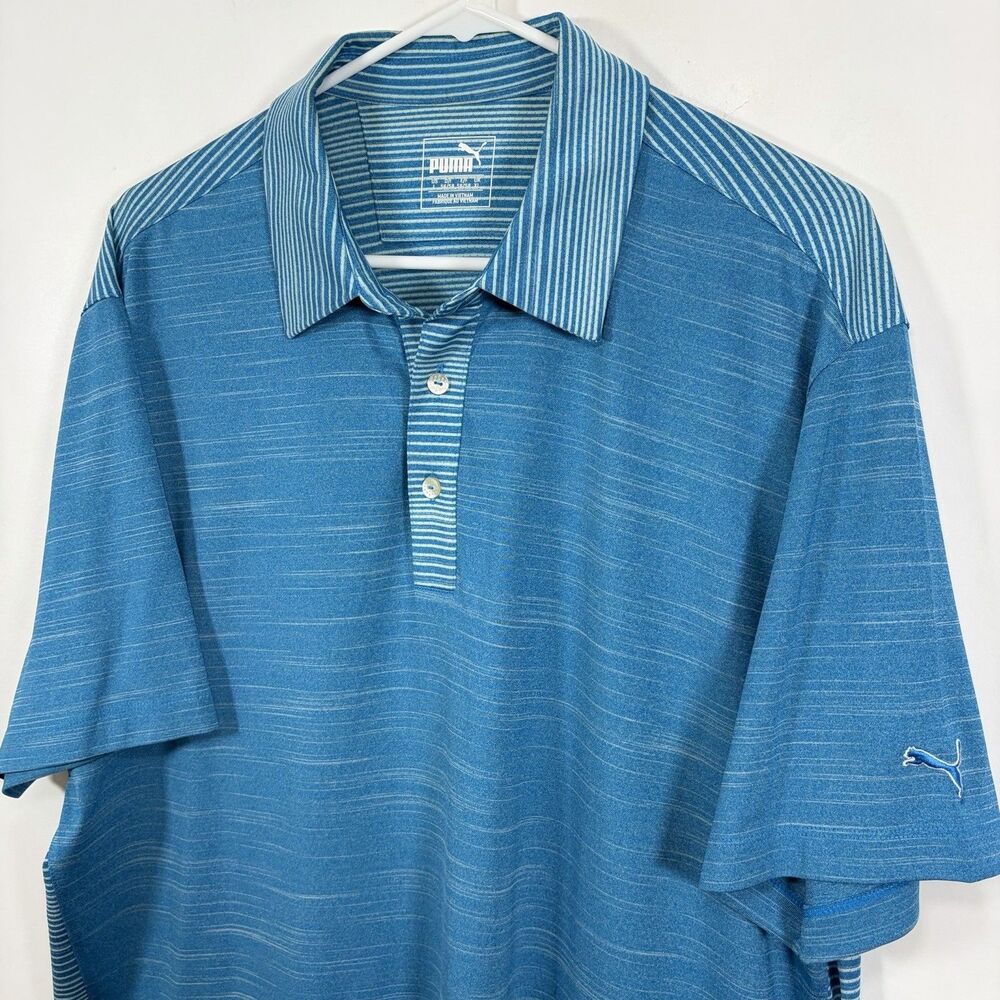 Puma Golf Polo Shirt Mens Size Large Blue Striped Performance Short Sleeve Logo